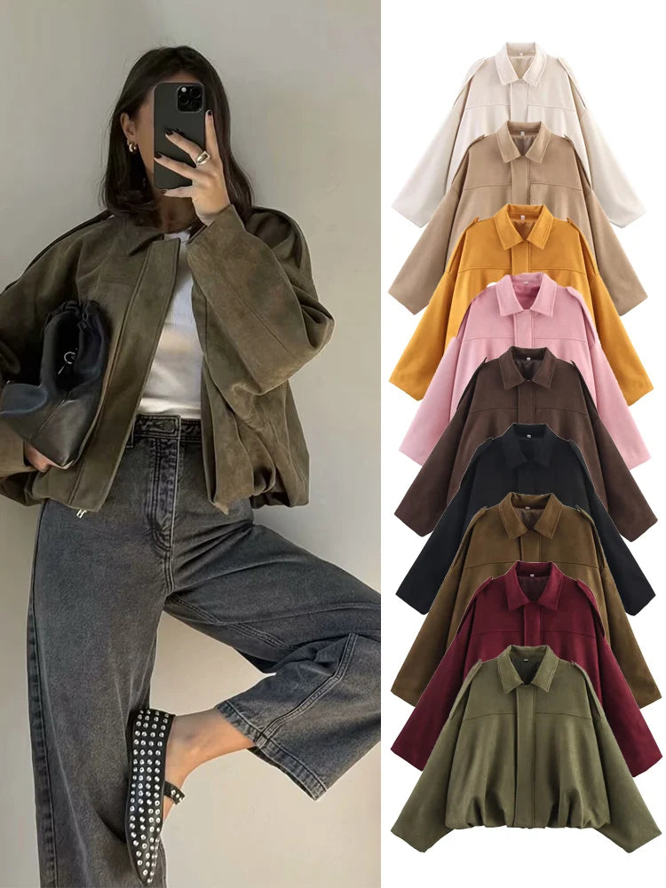 Women Suede Bomber Jacket Autumn New Fashion Long Sleeve Zipper Oversize Solid Bomber Coat Chic Lady 2025 Streetwear